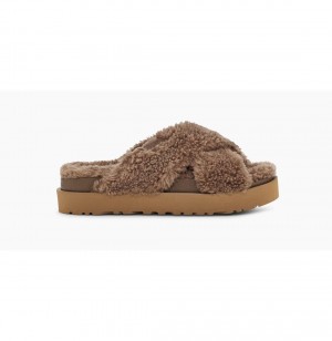 UGG Fuzz Sugar Cross Slapky Papuce Damske Hnede | SK-703CYONSZ