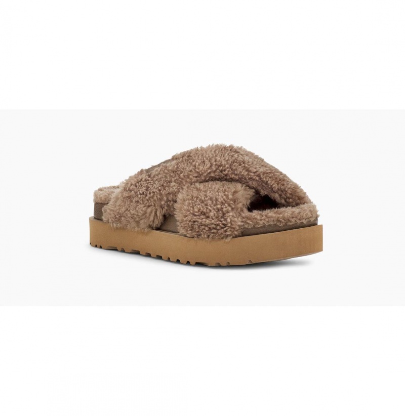 UGG Fuzz Sugar Cross Slapky Papuce Damske Hnede | SK-703CYONSZ