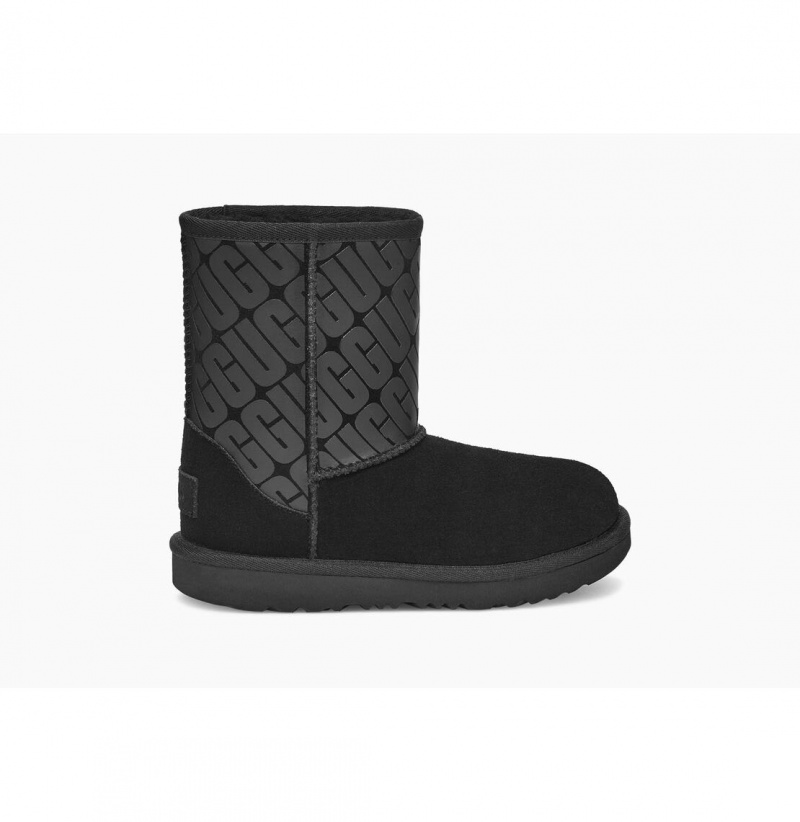 UGG Klasické Kratke Ugg Logo Čižmy Z Ovčej Kože Detske Čierne | SK-806FXTPAV