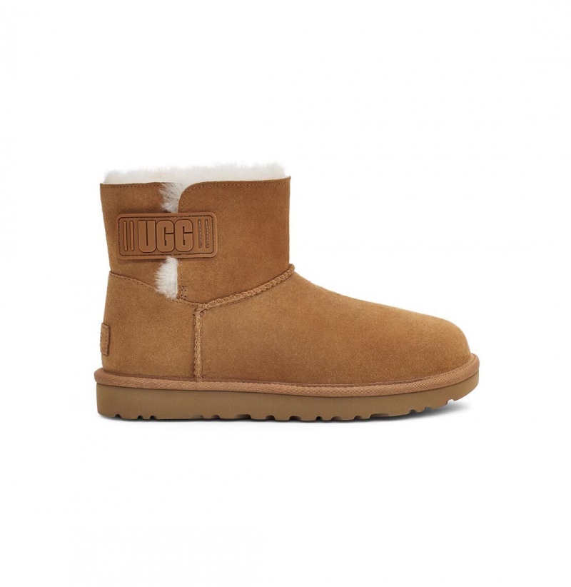 UGG Mini Bailey Logo Remienkove Semisove Čižmy Z Ovčej Kože Damske Hnede | SK-853VXASTD