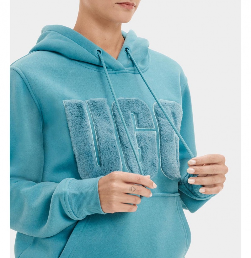 UGG Rey Fuzzy Logo Mikina s Kapucnou Damske Námornícka Modrá Modre | SK-325RTNZPY