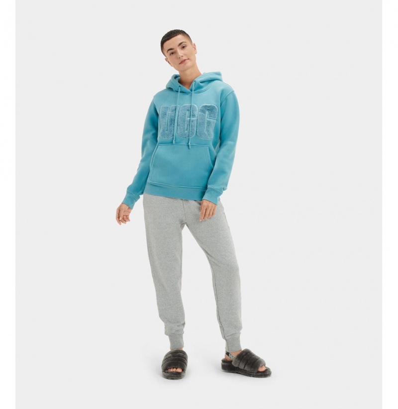 UGG Rey Fuzzy Logo Mikina s Kapucnou Damske Námornícka Modrá Modre | SK-325RTNZPY