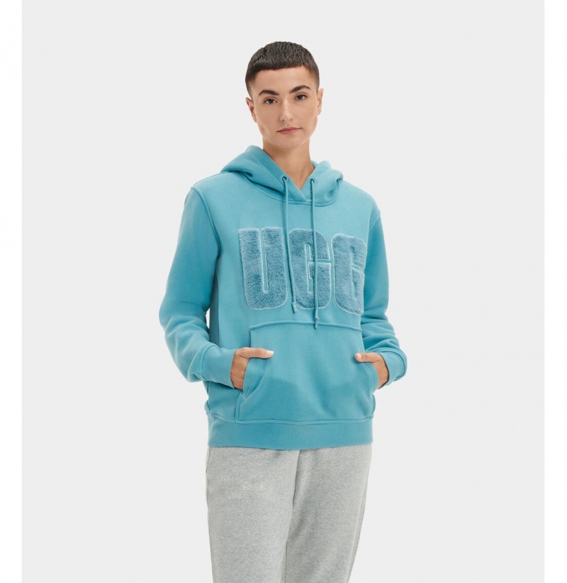 UGG Rey Fuzzy Logo Mikina s Kapucnou Damske Námornícka Modrá Modre | SK-325RTNZPY